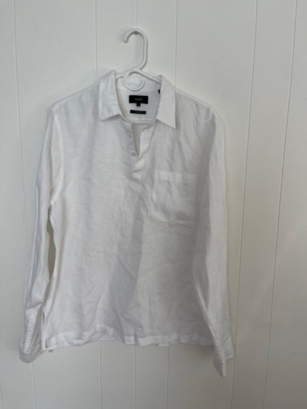 EUC Vince Women's White 100% Linen Long Sleeve Collared Popover Shirt Size Med.